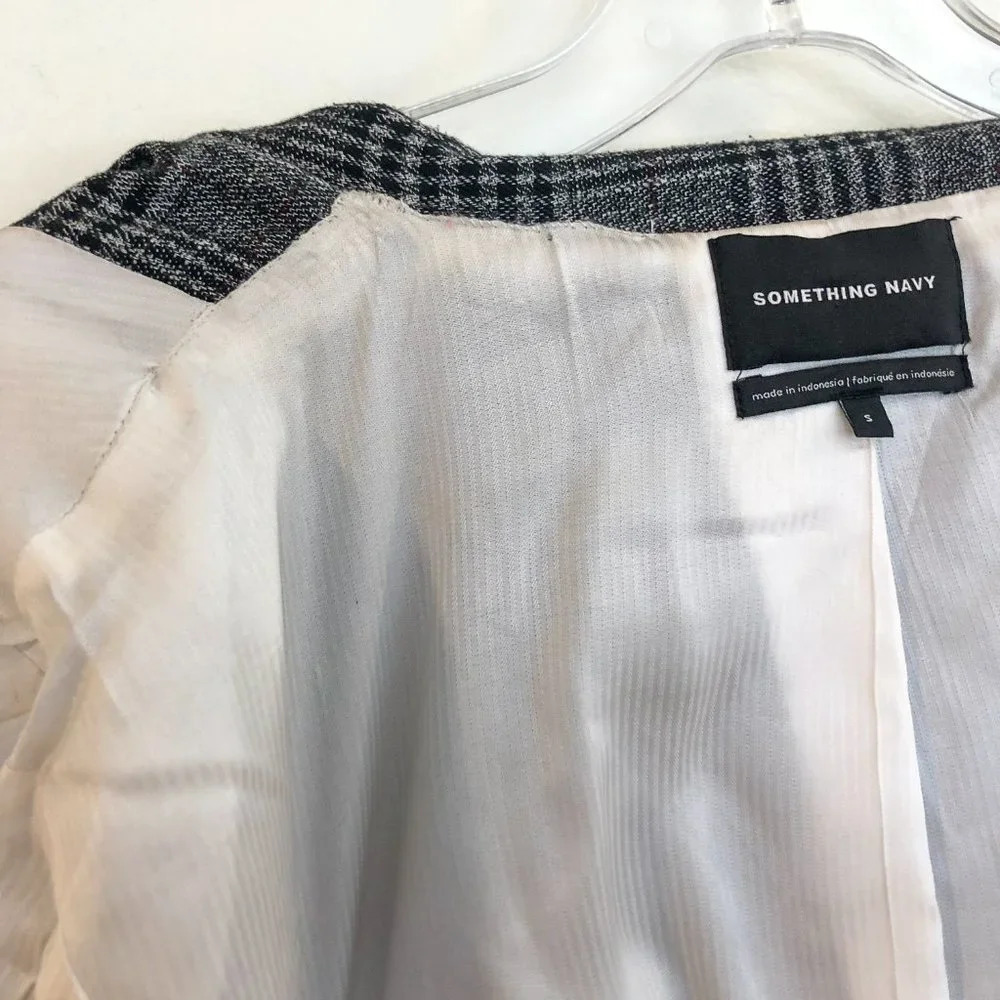 Something Navy Plaid Button Front Long Gray Collared Trench Coat S FLAWED - Picture 10 of 11